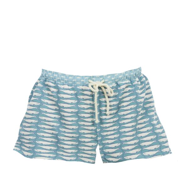 Aqua blue fish print swim shorts
